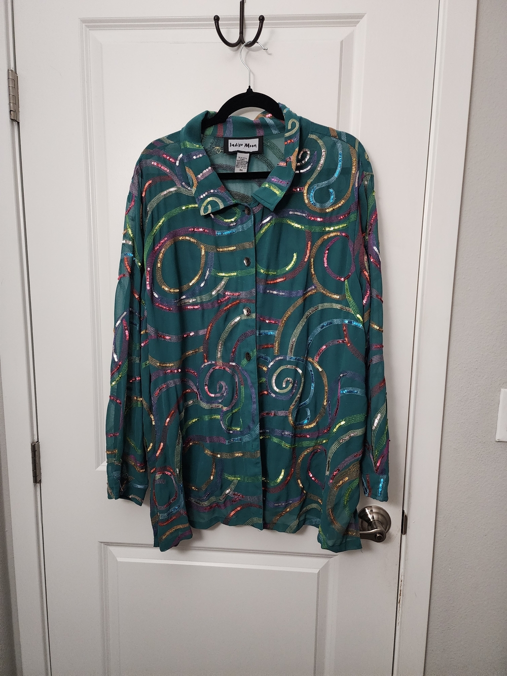 Indigo Teal Button-Down Shirt with Multicolor Sequin Swirls